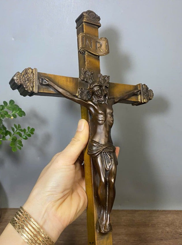 Bronze Jesus Crucifix Sculpture, Religious Bronze Cross Statue for Home or Church Decor